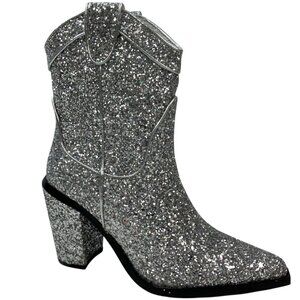Dolls Kill Trickz N' Treatz Glitter Diva Deputy Cowboy Boots 9 Silver Cowgirl